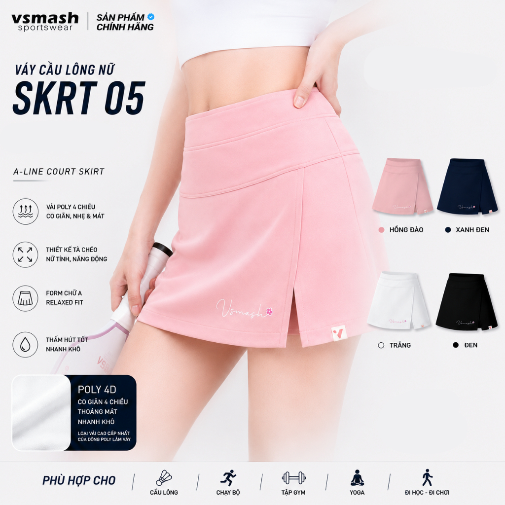 Váy Cầu Lông Vsmash Sportwear “SKRT 05” Váy Thể Thao Ngắn Form Chữ A, Lót 2 Lớp, Poly 4C Cao Cấp, Co Giãn, Thoải mái