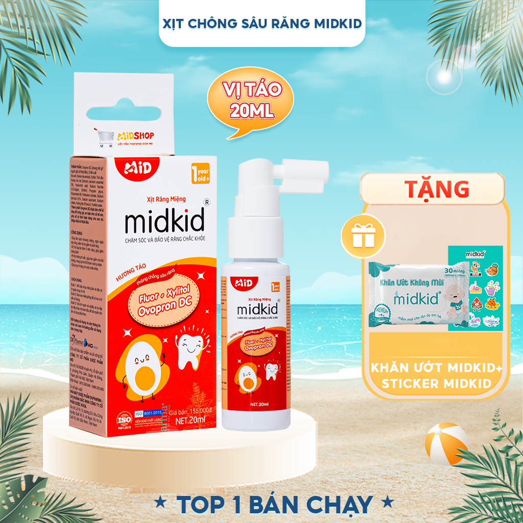 Xịt chống sâu răng MIDKID vị Táo 20ml cho bé từ 1 tuổi nuốt an toàn giúp làm sạch thơm khoang miệng, bảo vệ men răng