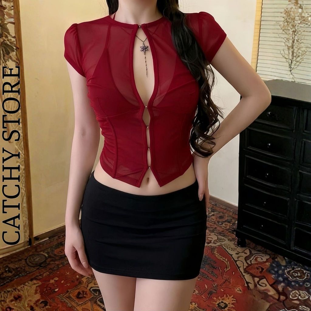 Set Áo Lưới Nữ Cổ Tròn Cut Out Đính Khoen Kèm Chân Váy Mini Ôm Body CATCHYstore | BigBuy360 - bigbuy360.vn