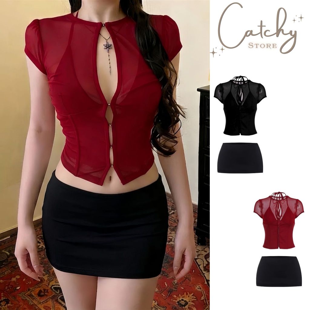 Set Áo Lưới Nữ Cổ Tròn Cut Out Đính Khoen Kèm Chân Váy Mini Ôm Body CATCHYstore | BigBuy360 - bigbuy360.vn