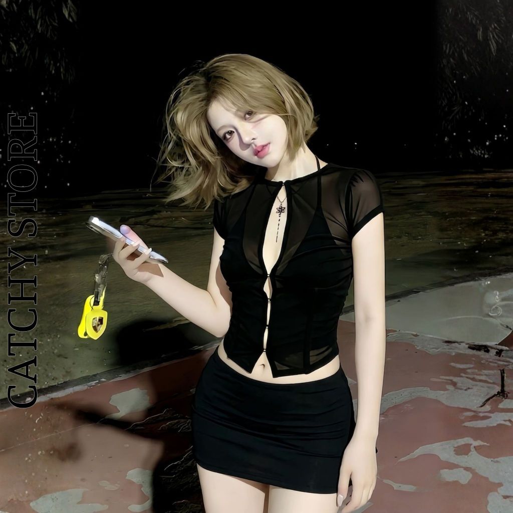 Set Áo Lưới Nữ Cổ Tròn Cut Out Đính Khoen Kèm Chân Váy Mini Ôm Body CATCHYstore | BigBuy360 - bigbuy360.vn
