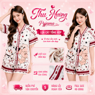 [DEAL FREESHIP] Bộ Đồ Pijama Mặc Nhà Lụa Mềm Quần Short Họa Tiết Hello Kitty Full Size 40-69kg