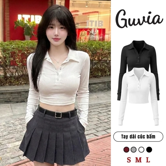 (Nhiều Size) Áo Croptop Nữ Tay Dài CÚC BẤM Cổ Polo Có Chun Ôm Eo Sexy, Áo Thun Nữ Cổ Bẻ Thun Gân Mềm Mịn CR170 GUVIA