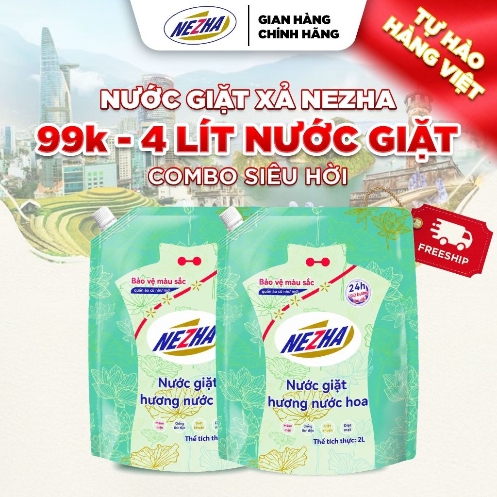 Nezha Nước Giặt Hương Nước Hoa Sạch Sâu 2L Combo 2 Túi 4L Chỉ 99K Diệt Khuẩn Khử Mùi Hôi An Toàn Cho Da Túi Giặt