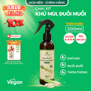 Tinh dầu Xịt Khử Mùi, Đuổi Muỗi Sả Chanh - Hoa Nén - Vegan - An toàn sức khoẻ - 200ml
