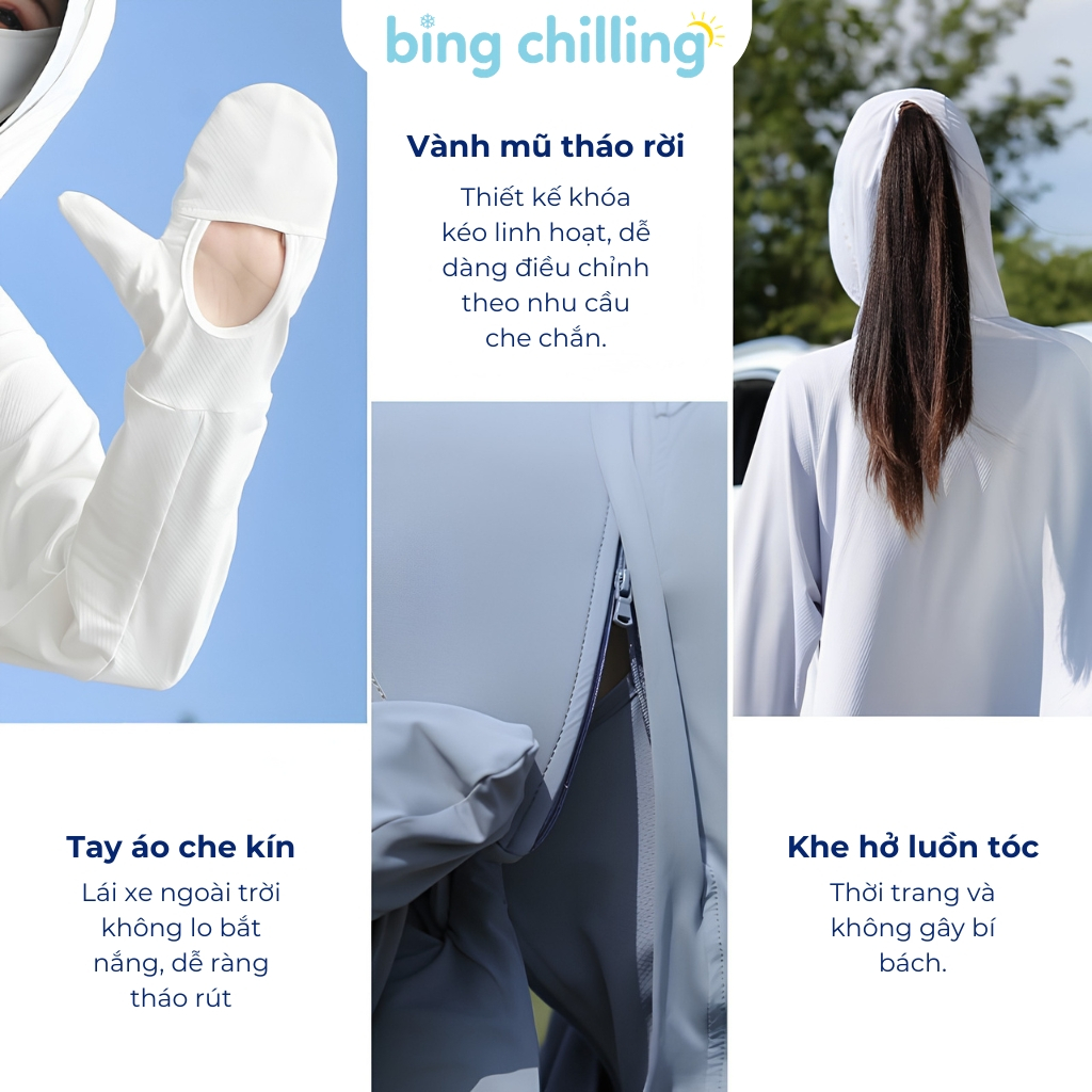 Áo chống nắng nữ Bing Chilling dáng lửng xòe form rộng chất vải mát lạnh UPF50+ có tay áo che kín và vành mũ tháo rời | BigBuy360 - bigbuy360.vn