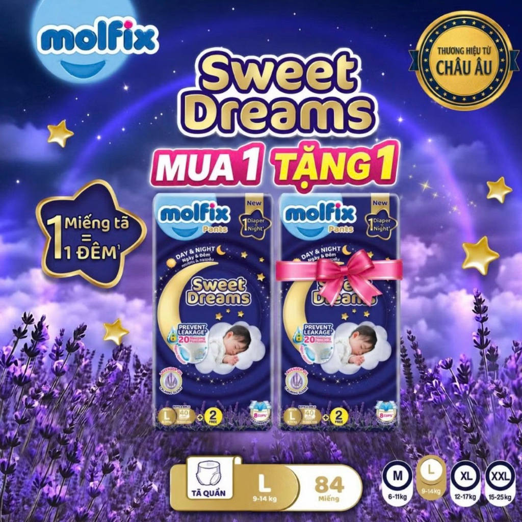 [MUA 1 TẶNG 1 mua 2 tặng gấu bông ] Tã quần ban đêm cho bé Molfix Sweet Dreams Jumbo CHỐNG TRÀN HIỆU QUẢ đủ các size