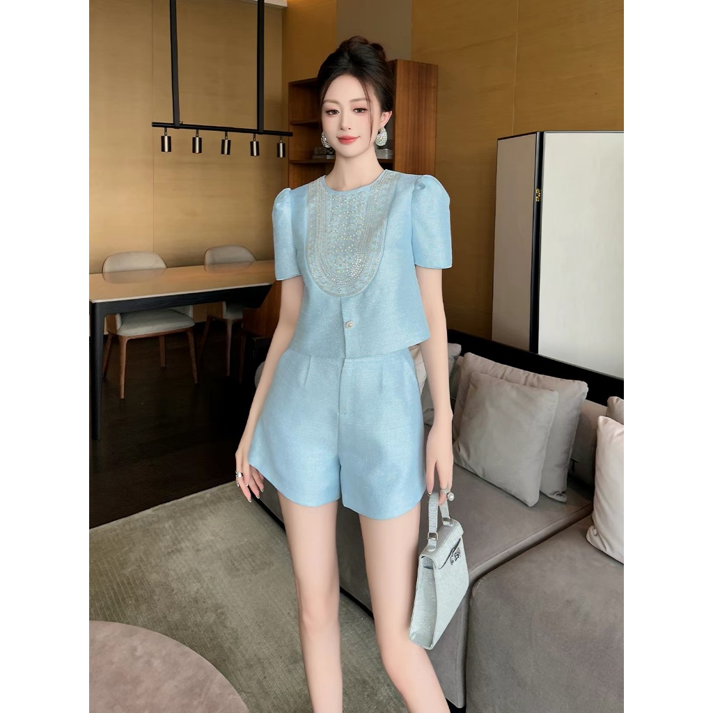 HB Set Áo Tay Bồng Thêu Pha Lê Cùng Quần Đùi Ống Rộng - Bộ Đồ Nữ Vải Tweed Ánh Kim Tuyến Màu Xanh Mint Tôn Dáng Đẹp S166