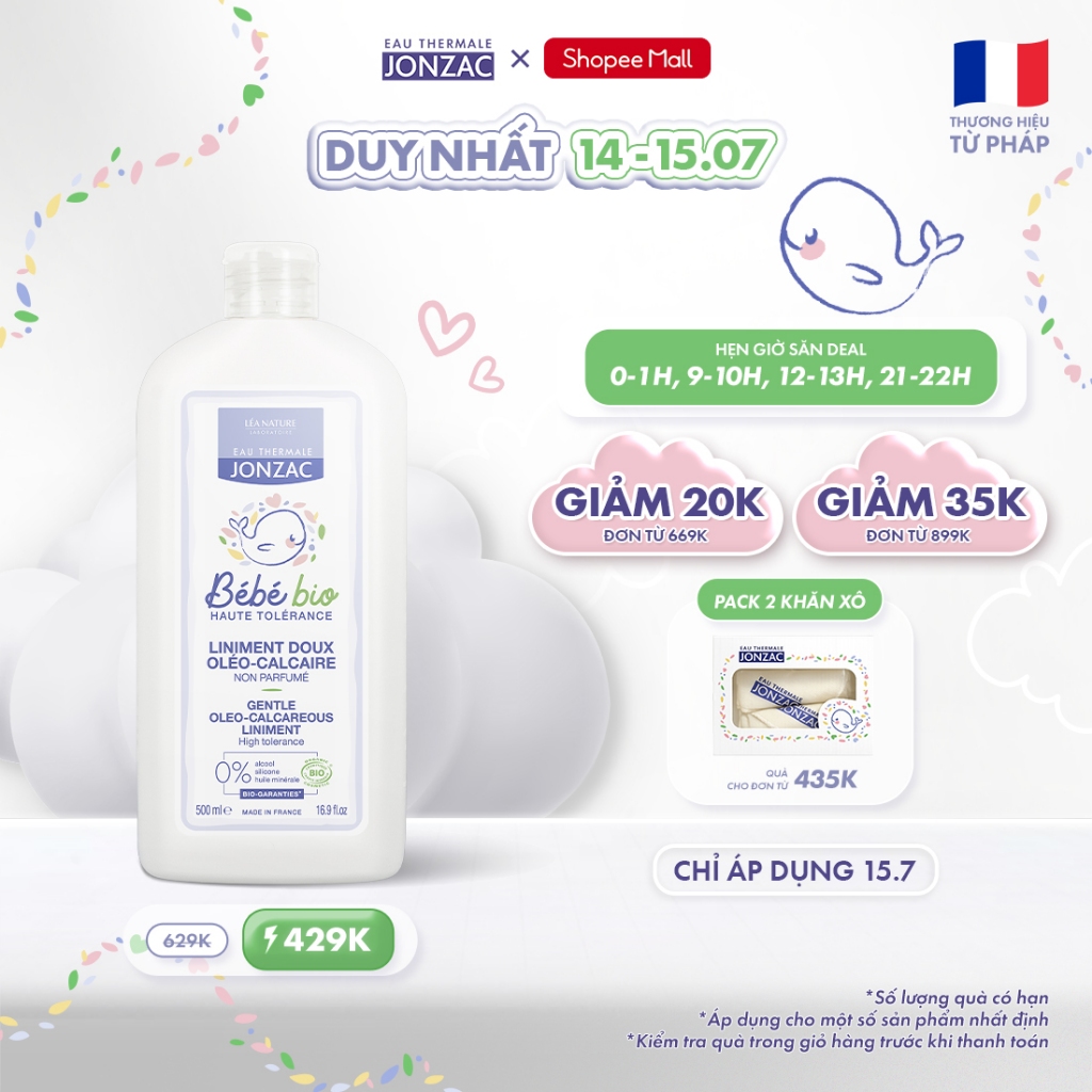 Dung dịch vệ sinh chống hăm tã hữu cơ JONZAC - Giữ ẩm làm mềm nuôi dưỡng làn da bé (500Ml-1L)