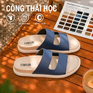 Dép da nam quai ngang CORVIN cao cấp, thiết kế công thái học êm chân, chống nước, đế chống trơn trượt