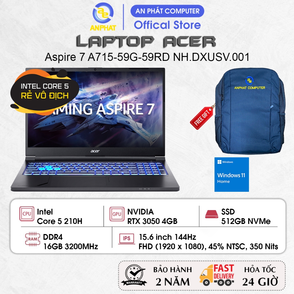 Laptop Acer Gaming Aspire 7 A715-59G-59RD NH.DXUSV.001, Core 5 210H, RTX 3050 4GB, 16GB, 512GB, 15.6 FHD 144Hz, Win11 | BigBuy360 - bigbuy360.vn