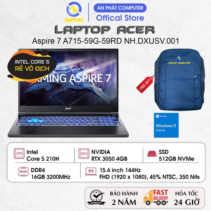 Laptop Acer Gaming Aspire 7 A715-59G-59RD NH.DXUSV.001, Core 5 210H, RTX 3050 4GB, 16GB, 512GB, 15.6 FHD 144Hz, Win11