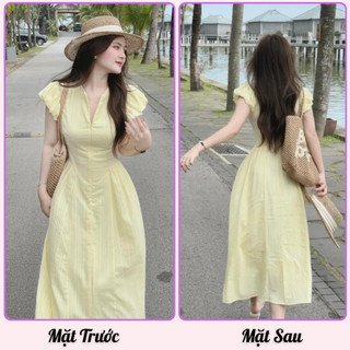 Váy nữ midi vàng tay ngắn bồng dáng xòe cổ V kéo khóa, đầm nữ suông dài chất vải xước nhăn mềm mại Yuumi HCOM25503