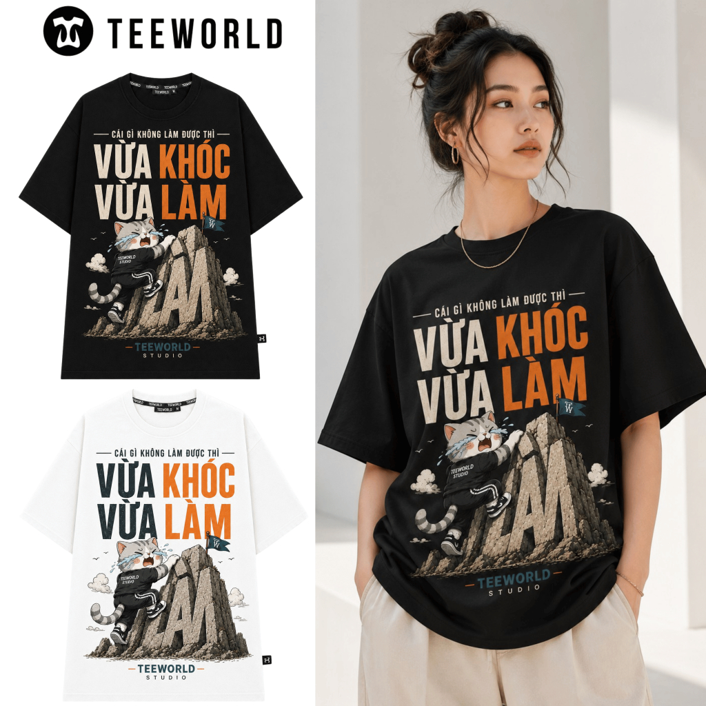 Áo Thun Local Brand Teeworld VỪA KHÓC VỪA LÀM T-Shirt Trắng Đen Nam Nữ Form Rộng Unisex