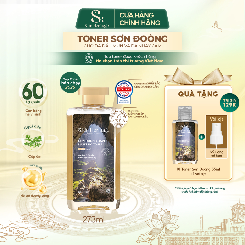 Toner Sơn Đoòng Skin Heritage hỗ trợ cấp ẩm, dưỡng sáng cung cấp 60 Lợi Khuẩn cho da nhạy cảm, da dầu mụn 273ml