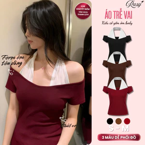 Áo Thun Trễ Vai Phối Cổ Yếm Xoắn Chất Borip Mềm Mại Tôn Dáng, Áo Kiểu Trễ Vai Nữ Co Giãn TN03 RUSY