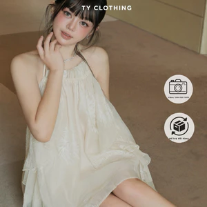 Set váy Babydoll Bèo Nhún Trước Ngực Dây Cổ Vải Hoạ Tiết Hoa Văn - Màu Be - Hàng Thiết Kế - TY CLOTHING