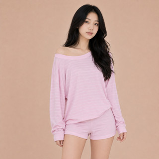 [TẶNG TẤT] Bộ Mặc Nhà Nữ Oversize Họa Tiết Kẻ Ngang Áo Tay Dài Phối Quần Đùi Sọc Trắng Đen - BD005