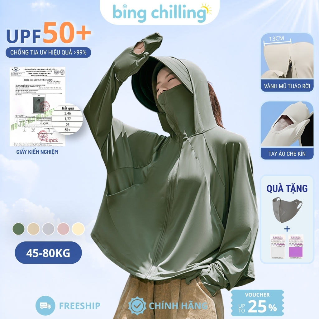 Áo chống nắng nữ Bing Chilling dáng lửng xòe form rộng chất vải mát lạnh UPF50+ có tay áo che kín và vành mũ tháo rời | BigBuy360 - bigbuy360.vn