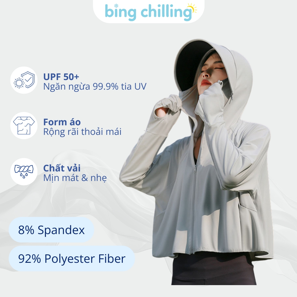Áo chống nắng nữ Bing Chilling dáng lửng xòe form rộng chất vải mát lạnh UPF50+ có tay áo che kín và vành mũ tháo rời | BigBuy360 - bigbuy360.vn