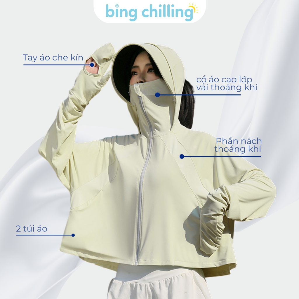 Áo chống nắng nữ Bing Chilling dáng lửng xòe form rộng chất vải mát lạnh UPF50+ có tay áo che kín và vành mũ tháo rời | BigBuy360 - bigbuy360.vn