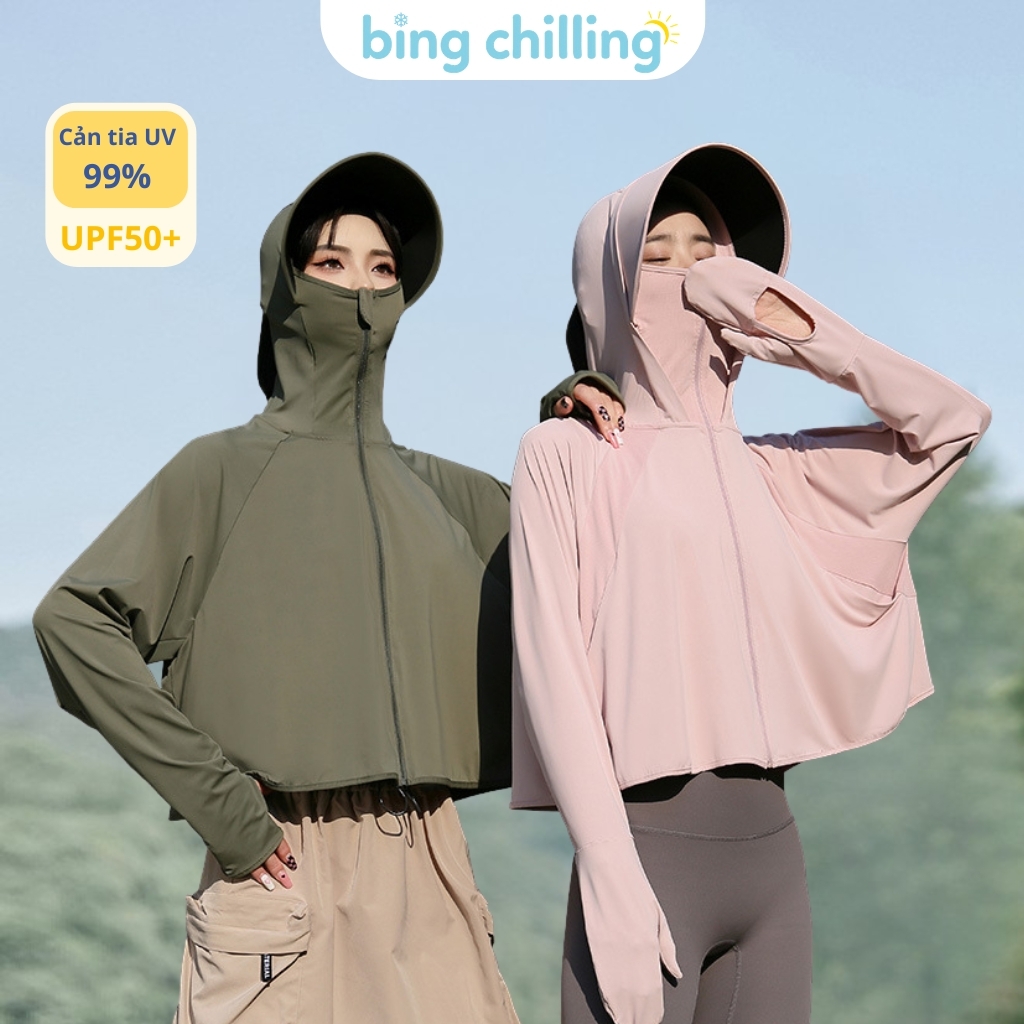 Áo chống nắng nữ Bing Chilling dáng lửng xòe form rộng chất vải mát lạnh UPF50+ có tay áo che kín và vành mũ tháo rời | BigBuy360 - bigbuy360.vn