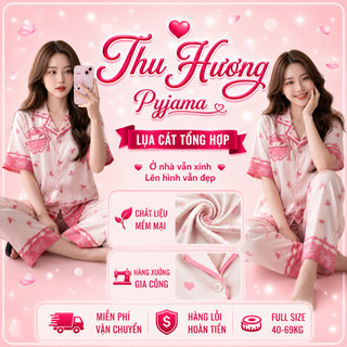 [DEAL SIÊU HOT] Bộ Đồ Pijama Mặc Nhà Lụa Mềm Mịn Họa Tiết Hồng Form Rộng Full Size 40-69kg
