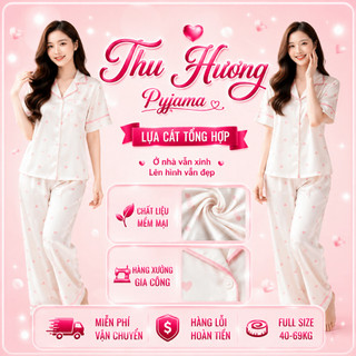 [DEAL SIÊU HOT] Bộ Đồ Pijama Mặc Nhà Lụa Mềm Mịn Họa Tiết Hồng Form Rộng Full Size 40-69kg