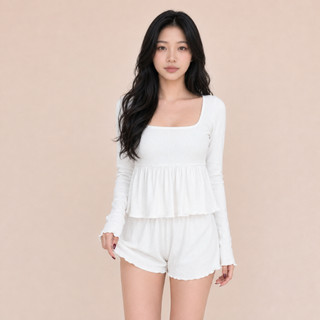 [TẶNG TẤT] Set Bộ Đồ Mặc Nhà Baby Doll Áo Tay Dài Và Quần Đùi Chất Thun Cotton, Bộ Đồ Ngủ Nữ Thu Đông BD013