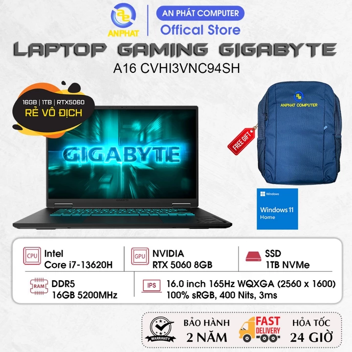 Laptop GIGABYTE GAMING A16 CVHI3VNC94SH, Core i7-13620H, RTX 5060 8GB, 16GB, 1TB, 16.0 QHD+ 165Hz, Win11