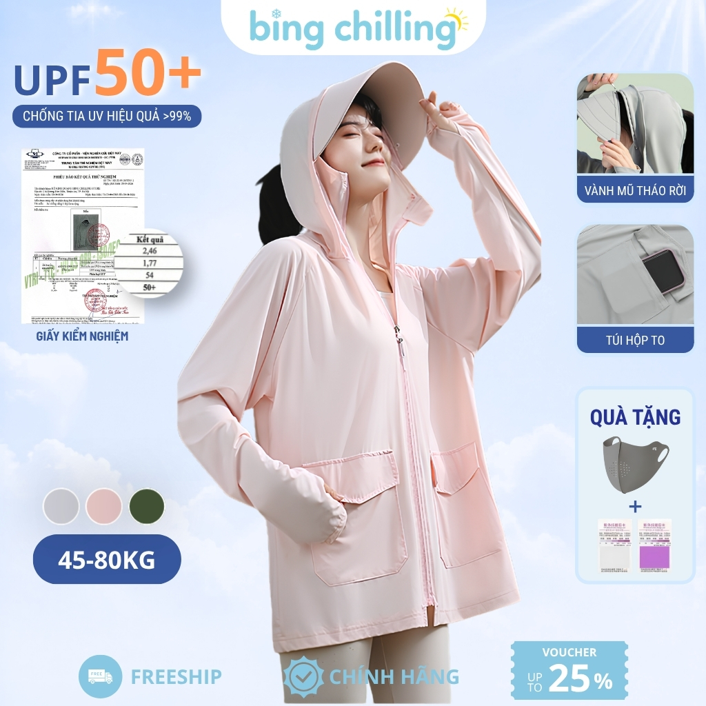 Áo chống nắng nữ dáng rộng Bing Chilling UPF50+vải lụa băng cao cấp mát lạnh thoáng khí thiết kế tối ưu vành mũ tháo rời