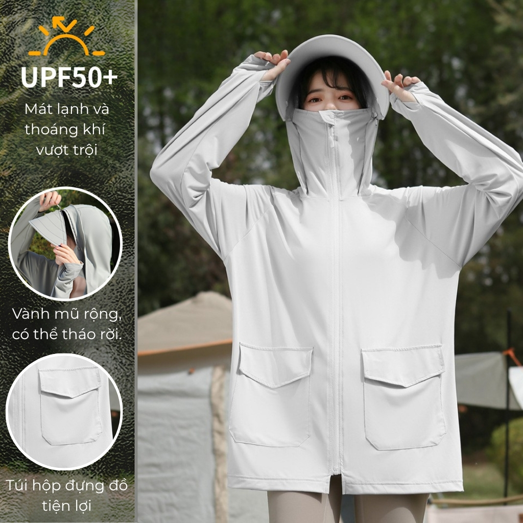 Áo chống nắng nữ dáng rộng Bing Chilling UPF50+vải lụa băng cao cấp mát lạnh thoáng khí thiết kế tối ưu vành mũ tháo rời | BigBuy360 - bigbuy360.vn