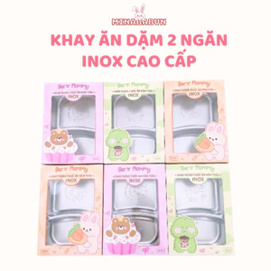 Khay Ăn Dặm Inox 2 Ngăn BearMommy Kèm Thìa, Khay Thìa Inox Tập Ăn Dặm Cho Bé An Toàn Tiện Lợi