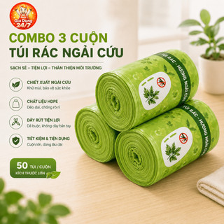 Combo 3 Cuộn Túi Rác Có Dây Rút 150 Túi Ngải Cứu Oải Hương Chanh Khử Mùi Đuổi Côn Trùng 45x50cm