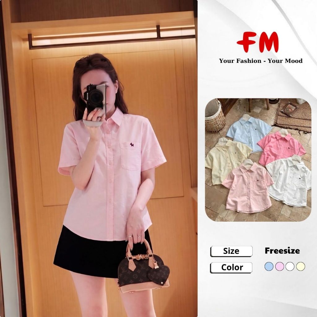 Áo Sơ Mi Nữ Oversize FMSTYLE Tay Ngắn 1 Túi Thêu Chú Ngựa Form Rộng Thanh Lịch 26070358