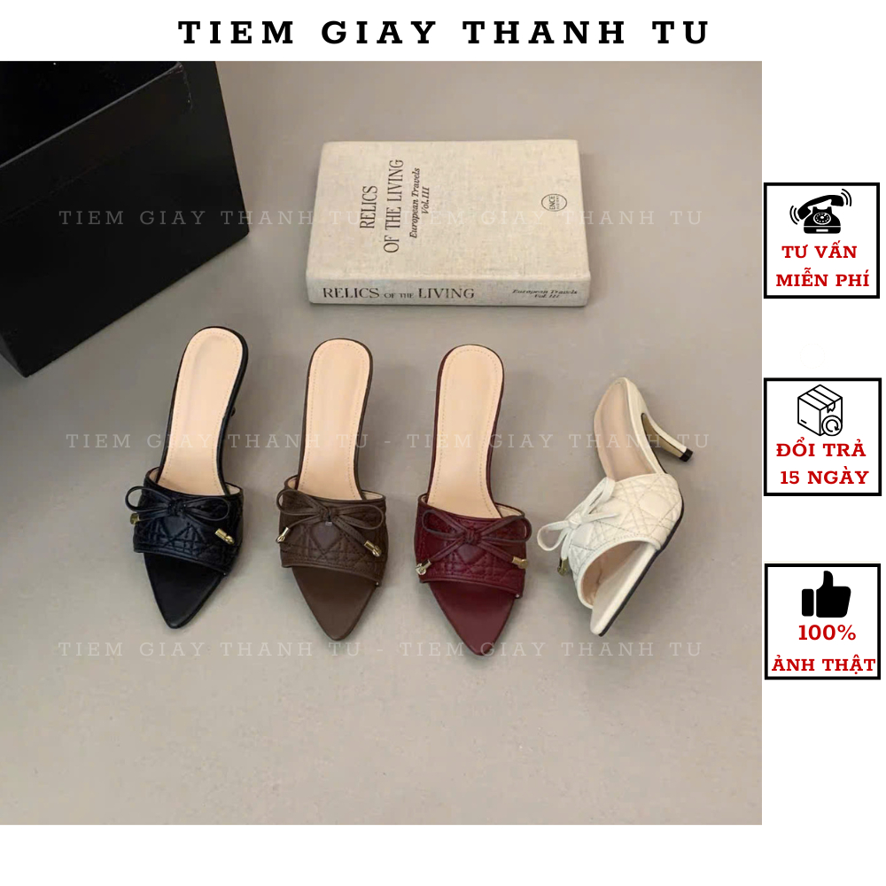 B277-8 [TIEMGIAYTHANHTU] Guốc Cao Gót Mũi Nhọn Đính Ngọc Quai Nơ Tiểu Thư