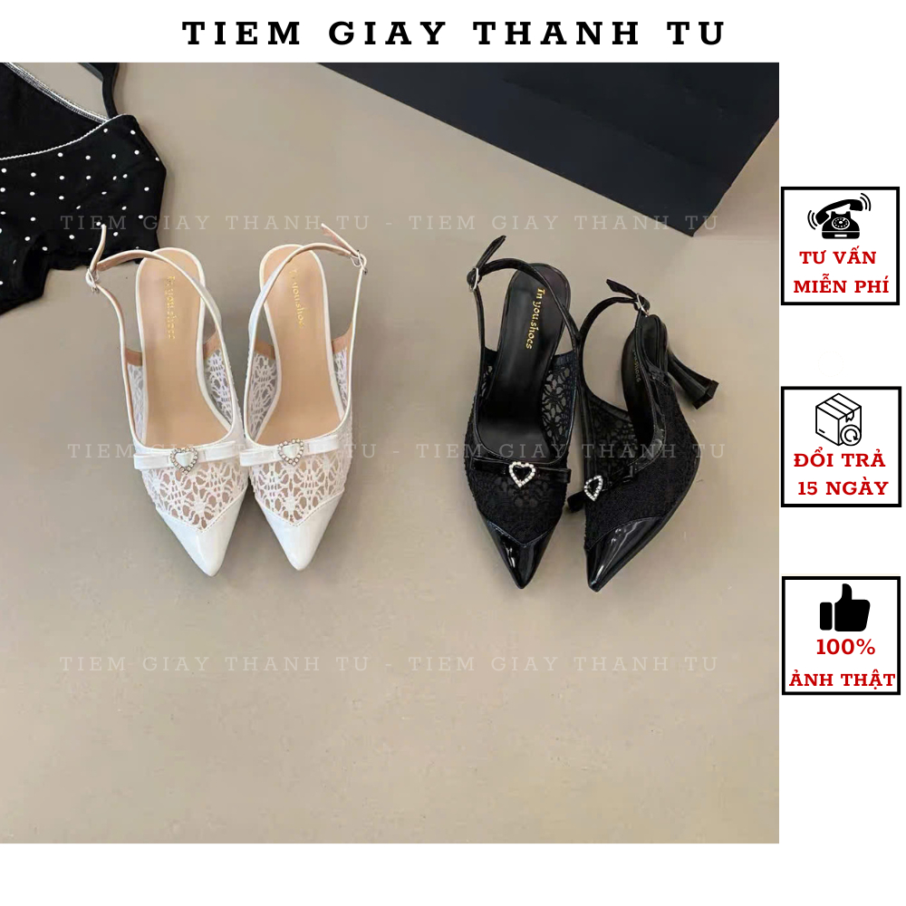 J8726-1 [TIEMGIAYTHANHTU] Giày Cao Gót Nữ Mũi Nhọn Phối Ren Đính Nơ Trái Tim FULLBOX QCCC