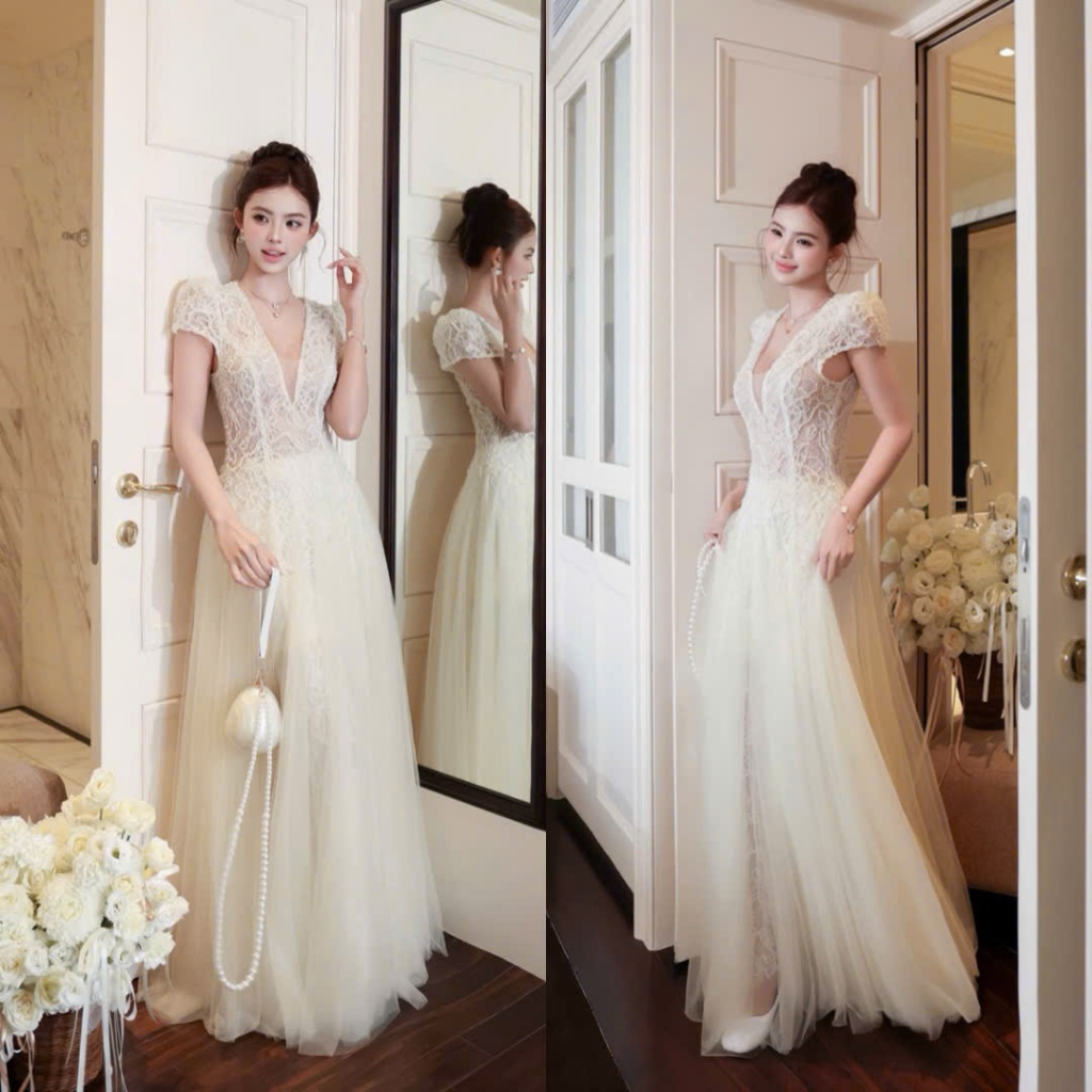 Đầm Ren Xòe Lưới Cổ V Sâu Tay Con Sang Trọng Dự Tiệc