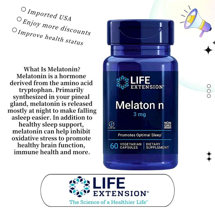**Life Extension Melatonin 3mg 60 Viên Nang Chay USA Imported Thực Phẩm Bổ Sung Hỗ Trợ Giấc Ngủ Tự Nhiên**