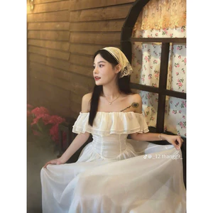 Sét bộ nữ-Sét đồ đi biển váy maxi dáng dài áo trễ vai đính hoa tiểu thư quyến rũ