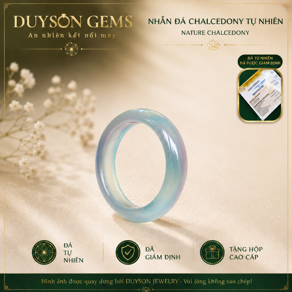 Nhẫn khối Duyson Gems Chalcedony màu Xanh biển Ocean Blue chất băng – Khởi quang NPT11