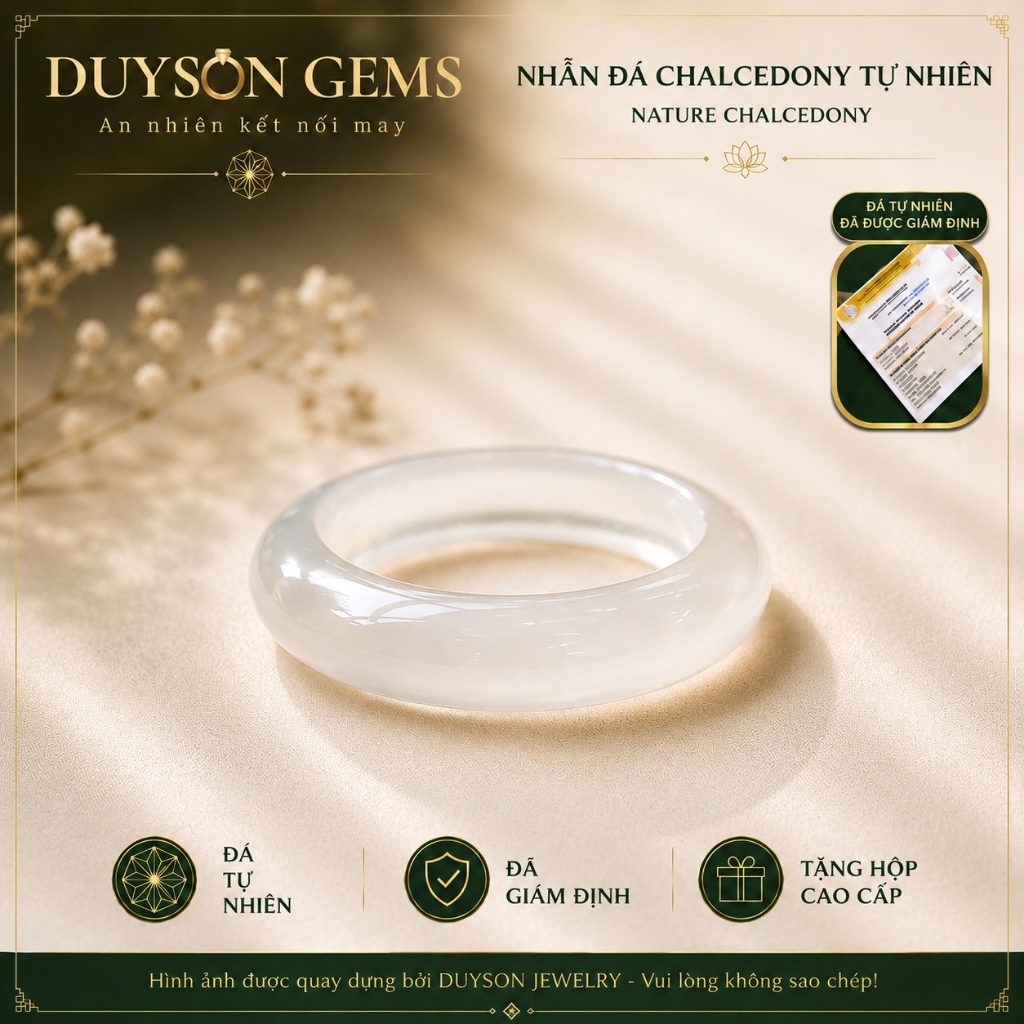 Nhẫn khối Duyson Gems mã não trắng Bạch nguyệt quang chất băng, khởi quang NPT9