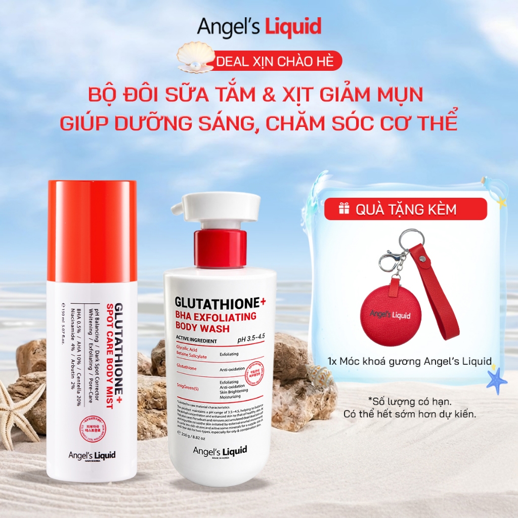 Bộ Đôi Sữa Tắm + Xịt Giảm Mụn Giúp Dưỡng Trắng Da 2 Tác Động Angel's Liquid Glutathione Plus BHA 250ml +150ml