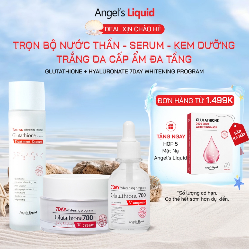 Bộ 3 sản phẩm Nước Thần, Serum, Kem Dưỡng Trắng Cấp Ẩm Đa Tầng Angel's Liquid Whitening Program Glutathione