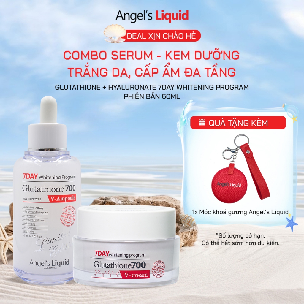 Combo Serum, Kem Dưỡng Trắng Da, Cấp Ẩm Đa Tầng Angel's Liquid Glutathione 700mg + HA