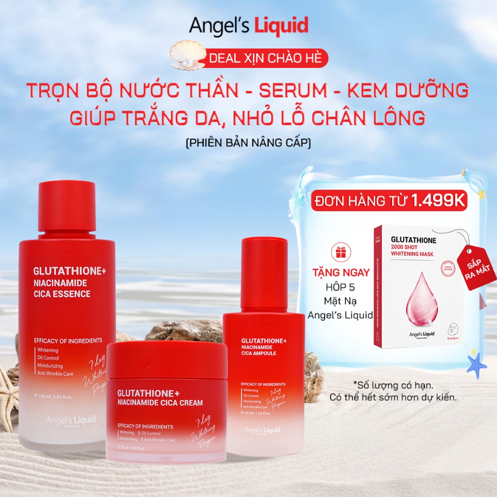 Bộ 3 CICA Nước Thần & Serum & Kem Dưỡng Làm Trắng, Nhỏ Lỗ Chân Lông Angel's Liquid Glutathione +Niacinamide +Arbutin