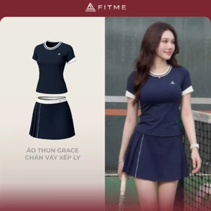 Bộ đồ Pickleball cầu lông nữ Fitme GR áo thun thoáng khí phối váy navy xếp ly 1 bên tôn dáng kèm bảo hộ