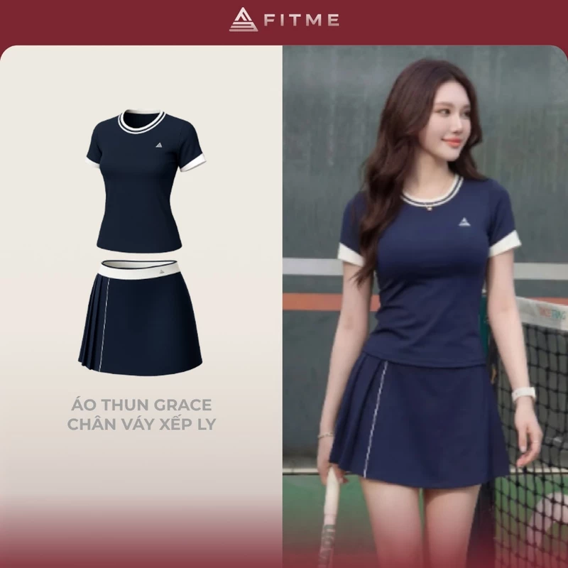 Bộ đồ Pickleball cầu lông nữ Fitme GR áo thun thoáng khí phối váy navy xếp ly 1 bên tôn dáng kèm bảo hộ — ảnh 1