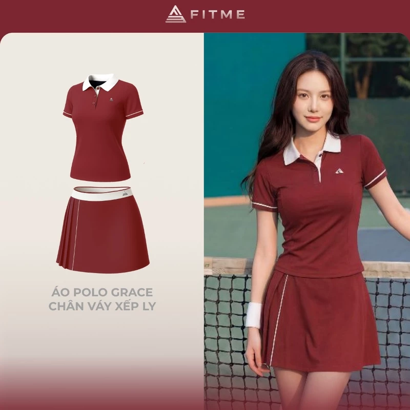 Bộ đồ Pickleball cầu lông tennis nữ Fitme GR áo polo tôn dáng phối chân váy đỏ xếp ly 1 bên kèm quần bảo hộ — ảnh 1