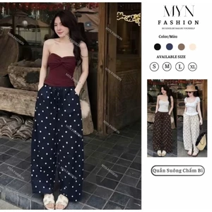 Quần Ống Suông Chất Linen Dáng Rộng Họa Tiết Chấm Bi Hotrend Loại 1